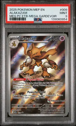 2025 POKEMON MEGA EVOLUTION POKEMON CENTER ETB PROMO #009 ALAKAZAM PSA 9 - Image 1