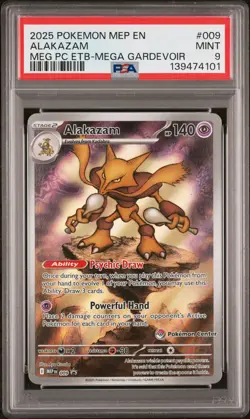 2025 POKEMON MEGA EVOLUTION POKEMON CENTER ETB PROMO #009 ALAKAZAM PSA 9 - Image 1