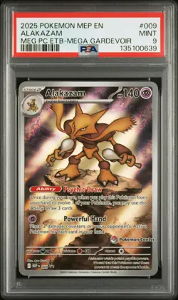 2025 POKEMON MEGA EVOLUTION POKEMON CENTER ETB PROMO #009 ALAKAZAM PSA 9 - Image 1