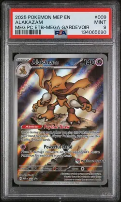 2025 POKEMON MEGA EVOLUTION POKEMON CENTER ETB PROMO #009 ALAKAZAM PSA 9 - Image 1