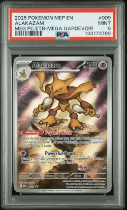 2025 POKEMON MEGA EVOLUTION POKEMON CENTER ETB PROMO #009 ALAKAZAM PSA 9 - Image 1