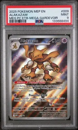 2025 POKEMON MEGA EVOLUTION POKEMON CENTER ETB PROMO #009 ALAKAZAM PSA 9 - Image 1