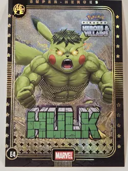 Pikachu as HULK #E4 Rare Gold Holo⚡Heroes & Villains 👊Pokemon Fan Art - Chase - Image 1