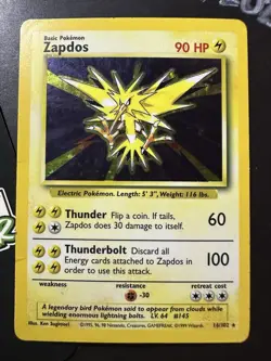 Zapdos 016/102, Base Set, Holo Rare, Pokemon TCG, WOTC, Vintage 1999, LP/NM - Image 1