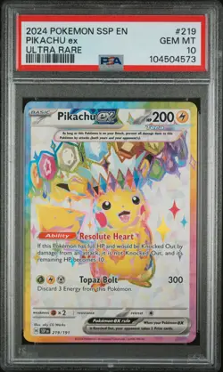 2024 POKEMON SSP EN-SURGING SPARKS ULTRA RARE #219 PIKACHU EX PSA 10 - Image 1