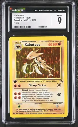 CGC 9 MINT Kabutops 1999 Fossil 1st Edition 9/62 Holo Pokemon Card - Image 1