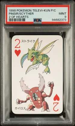 1998 POKEMON TELEVI-KUN MAGAZINE PLAYING CARDS 2 OF HEARTS PINSIR/SCYTHER PSA 9 - Image 1