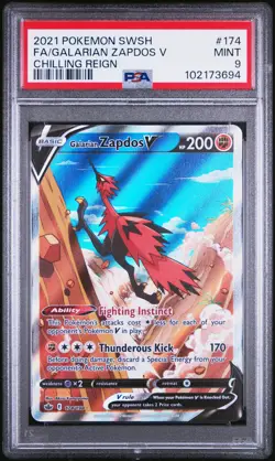 2021 POKEMON SWORD & SHIELD CHILLING REIGN #174 FULL ART/GALARIAN ZAPDOS V PSA 9 - Image 1