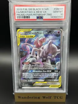 2019 Pokemon SM Black Star Promo #SM191 Mewtwo & Mew Gx FA PRTNRSHP.TINS PSA 10 - Image 1