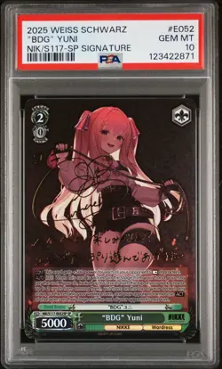 2025 WEISS SCHWARZ GODDESS OF VICTORY: NIKKE SP SIG #E052 "BDG" YUNI PSA 10 - Image 1