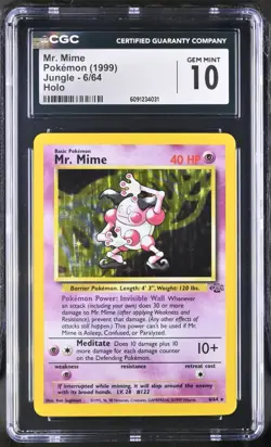 1999 POKEMON JUNGLE HOLO #6 MR. MIME CGC 10 GEM MINT - Image 1