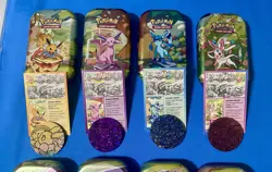 Prismatic Evolutions *EMPTY* Mini Tin Complete Set Of 8 (Tin + Card + Coin) - Image 2