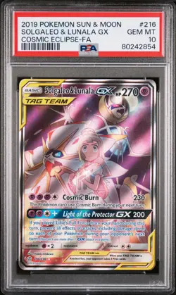 2019 POKEMON SUN & MOON COSMIC ECLIPSE #216 FULL ART/SOLGALEO & LUNALA GX PSA 10 - Image 1