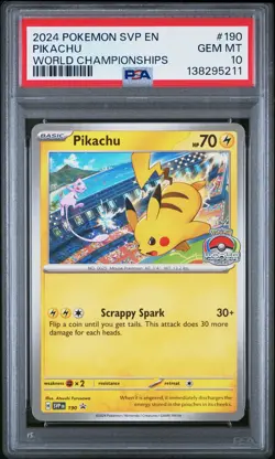 2024 POKEMON SVP EN-SV BLACK STAR PROMO WORLD CHAMPIONSHIPS #190 PIKACHU PSA 10 - Image 1