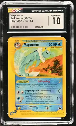 CGC 10 GEM MINT Vaporeon 2003 Skyridge 33/144 Pokemon Card - Image 1