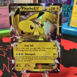 Pokemon Pikachu EX XY84 Black Star Promo Holo Basic 130 HP Iron Tail Overspark - Image 1