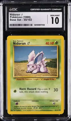 1999 POKEMON BASE SET 1999-2000 “4TH PRINT” #55 NIDORAN CGC 10 GEM MINT - Image 1