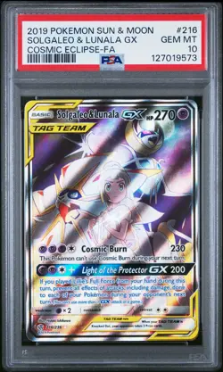 2019 POKEMON SUN & MOON COSMIC ECLIPSE #216 FULL ART/SOLGALEO & LUNALA GX PSA 10 - Image 1