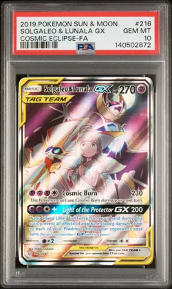 2019 POKEMON SUN & MOON COSMIC ECLIPSE #216 FULL ART/SOLGALEO & LUNALA GX PSA 10 - Image 1