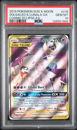 2019 POKEMON SUN & MOON COSMIC ECLIPSE #216 FULL ART/SOLGALEO & LUNALA GX PSA 10 - Image 1