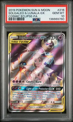 2019 POKEMON SUN & MOON COSMIC ECLIPSE #216 FULL ART/SOLGALEO & LUNALA GX PSA 10 - Image 1