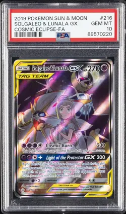 2019 POKEMON SUN & MOON COSMIC ECLIPSE #216 FULL ART/SOLGALEO & LUNALA GX PSA 10 - Image 1
