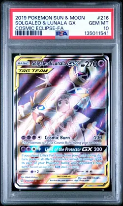 2019 POKEMON SUN & MOON COSMIC ECLIPSE #216 FULL ART/SOLGALEO & LUNALA GX PSA 10 - Image 1