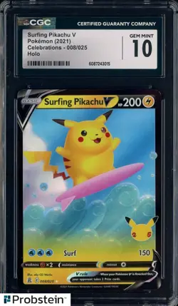 2021 Pokemon Celebrations #008/025 Surfing Pikachu V Holo CGC 10 GEM MINT - Image 1