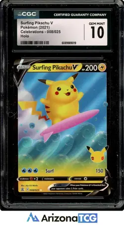 Pokemon 2021 Surfing Pikachu V 008/025 Holo Celebrations GEM MINT CGC 10 - Image 1