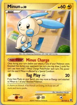 Minun 32/132 Rare Secret Wonders Pokemon Moderately Played - Image 1