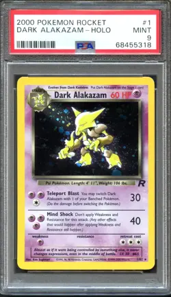 Dark Alakazam 1/82 Rocket Holo Rare PSA 9 Mint Pokemon Card - Image 1