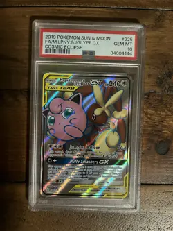2019 POKEMON COSMIC ECLIPSE #225 FULL ART/MEGA LOPUNNY & JIGGLYPUFF GX PSA 10 - Image 1