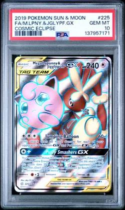 2019 POKEMON COSMIC ECLIPSE #225 FULL ART/MEGA LOPUNNY & JIGGLYPUFF GX PSA 10 - Image 1