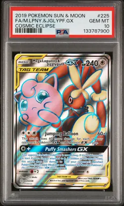 2019 POKEMON SUN & MOON #225 FULL ART/MEGA LOPUNNY & JIGGLYPUFF GX PSA 10 - Image 1