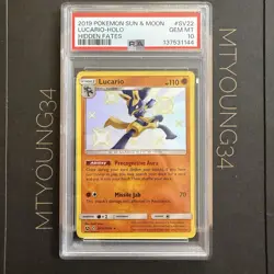 2019 POKEMON SUN & MOON HIDDEN FATES #SV22 LUCARIO-HOLO PSA 10 - Image 1