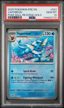 2025 POKEMON PRE EN-PRISMATIC EVOLUTIONS POKE BALL REVERSE HOLO VAPOREON PSA 10 - Image 1
