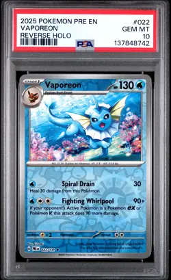 2025 POKEMON PRE EN-PRISMATIC EVOLUTIONS REVERSE HOLO #022 VAPOREON PSA 10 - Image 1