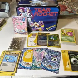 1999 Pokemon Team Rocket Meowth Tin Lunch Box Storage Bin Vintage TCG Card Lot - Image 1