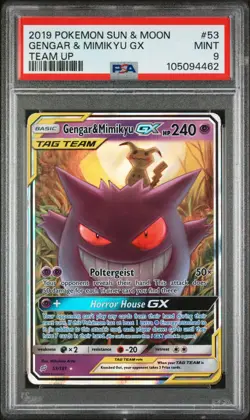 2019 POKEMON SUN & MOON TEAM UP #53 GENGAR & MIMIKYU GX PSA 9 - Image 1