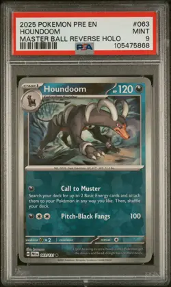 2025 POKEMON PRE EN-PRISMATIC EVOLUTIONS MASTER BALL REVERSE HOLO HOUNDOOM PSA 9 - Image 1