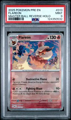 2025 POKEMON PRE EN-PRISMATIC EVOLUTIONS MASTER BALL REVERSE HOLO FLAREON PSA 9 - Image 1
