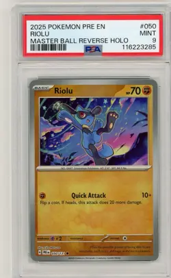 2025 Pokemon Prismatic Evolutions Master Ball Reverse Holo Riolu PSA 9 Mint - Image 1
