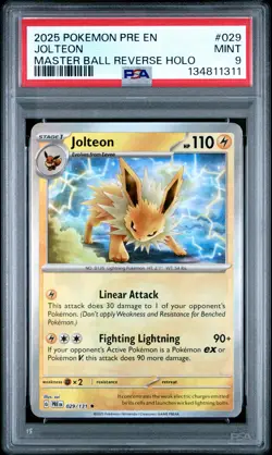 2025 POKEMON PRE EN-PRISMATIC EVOLUTIONS MASTER BALL REVERSE HOLO JOLTEON PSA 9 - Image 1