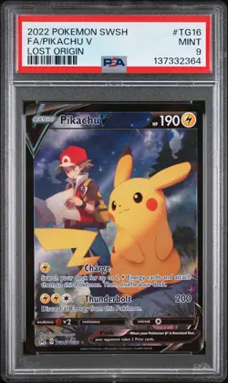 2022 POKEMON SWORD & SHIELD LOST ORIGIN #TG16 FULL ART/PIKACHU V PSA 9 - Image 1