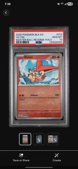2025 Pokemon Black Bolt Victini 012/086 Master Ball Reverse Holo PSA 10 - Image 1
