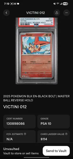 2025 Pokemon Black Bolt Victini 012/086 Master Ball Reverse Holo PSA 10 - Image 2