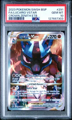 2023 POKEMON SWSH CROWN ZENITH ETB PROMO #291 FULL ART/LUCARIO VSTAR PSA 10 - Image 1