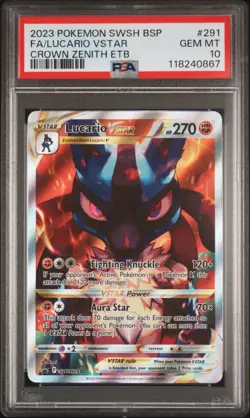 2023 POKEMON SWSH CROWN ZENITH ETB PROMO #291 FULL ART/LUCARIO VSTAR PSA 10 - Image 1