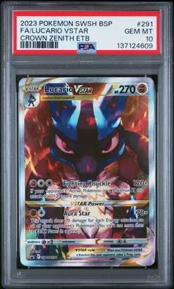 2023 POKEMON SWSH CROWN ZENITH ETB PROMO #291 FULL ART/LUCARIO VSTAR PSA 10 - Image 1