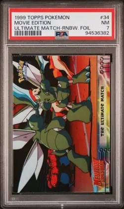1999 Topps Pokemon Movie Edition # 34 The Ultimate Match Rainbow Foil PSA 7 Card - Image 1